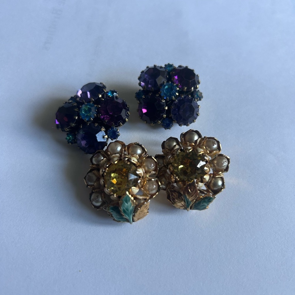 Vintage and Elegant Gold and Purple Floral Earrings- clip